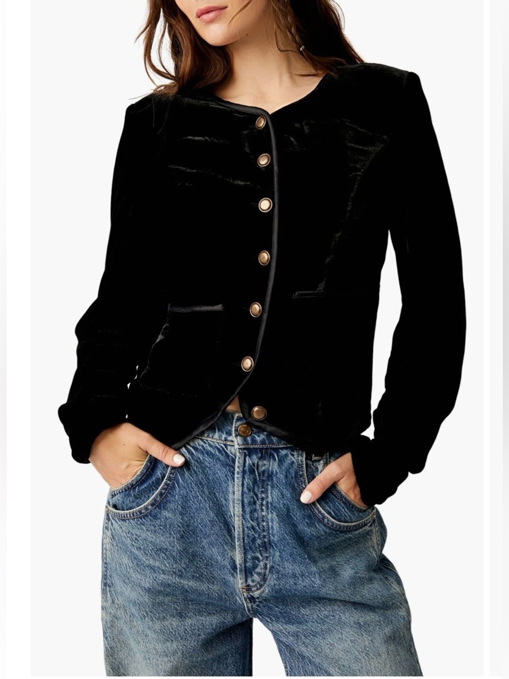 Free People Becky Fitted Structured Velvet Button Up Black Jacket Size XS